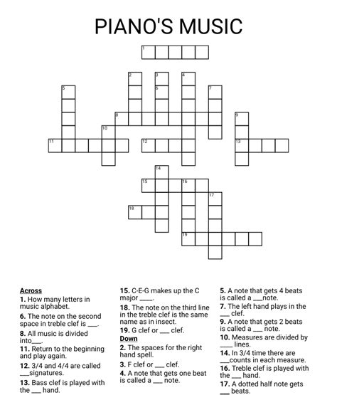 Piano exercise crossword - Piano exercises Crossword Clue. The Crossword Solver found 30 answers to "Piano exercises", 6 letters crossword clue. The Crossword Solver finds answers to classic crosswords and cryptic crossword puzzles. Enter the length or pattern for better results. Click the answer to find similar crossword clues . Enter a Crossword Clue. Sort by Length. 